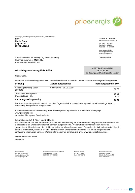 Germany Prioenergie proof of address business utility bill template in Word and PDF formats